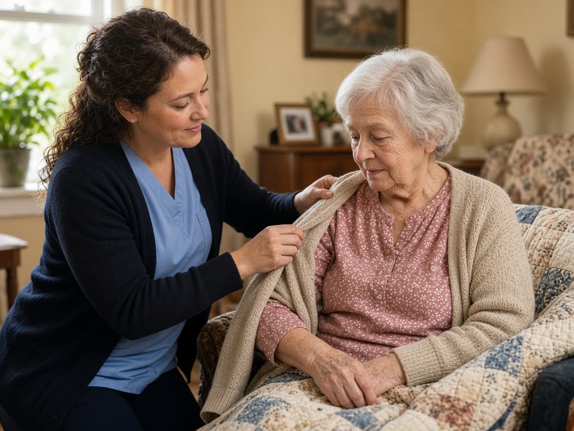 A caregiver helping an older woman with her cardigan at home